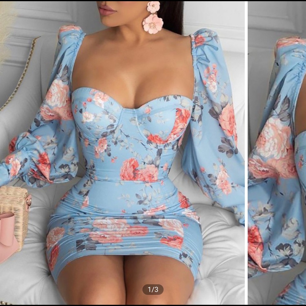 Floral Print Lantern Sleeve Bodycon Dress
